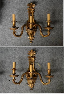 Lot 258 - A Pair of Ormolu Three-Light Wall Lights, by Viam, circa 1910, the three S scroll branches...