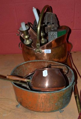 Lot 570 - A copper jelly mould, a coal helmet, a hunting horn and a quantity of copper and brass