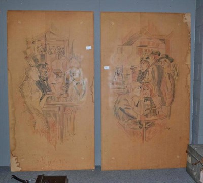 Lot 620 - Two painted French hessian screens decorated with French bar scenes