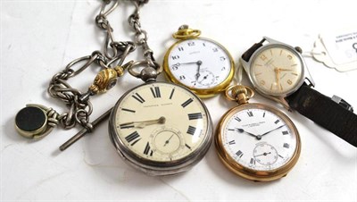 Lot 3 - A silver pocket watch with chain and fobs, two other pocket watches and a Rotary wristwatch