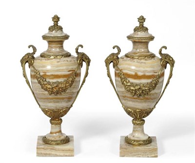 Lot 269 - A Pair of Ormolu Mounted Striated Marble Two-Handled Pedestal Vases and Covers, late 19th...