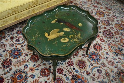 Lot 270 - A 19th Century Green and Polychrome Lacquered Papier Mâché Tea Tray, decorated with two...