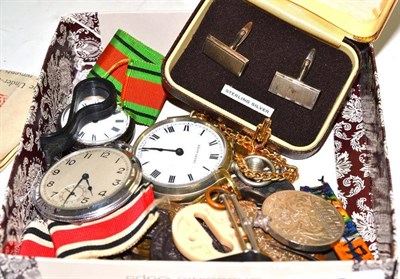 Lot 22 - Two World War I medals, 1939-1945 Defence Medal, two pocket watches, fob watch, Constabulary medals