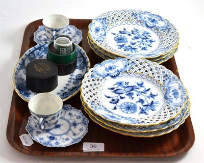 Lot 36 - Tray including eight Meissen blue and white cabinet plates, leather cased measure, two...