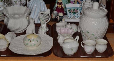 Lot 57 - Two trays of modern Belleek porcelain including a biscuit jar, ornaments, plates etc, mostly...