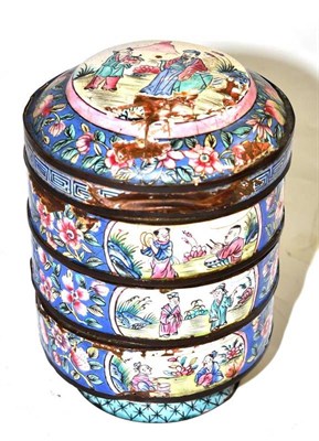 Lot 92 - A Chinese enamel on copper four division canister, signed to base (a.f.)