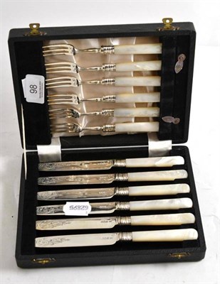 Lot 98 - Cased set of six tea knives and forks with mother-of-pearl handles and silver blades