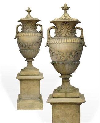 Lot 278 - A Monumental Pair of Terracotta Urns, in French Neo-Classical style, the two-handled pedestal...