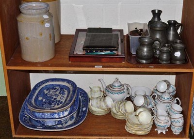 Lot 101 - Blue and white meat plate, other blue and white ceramics, two part tea sets, pewter measures, keys