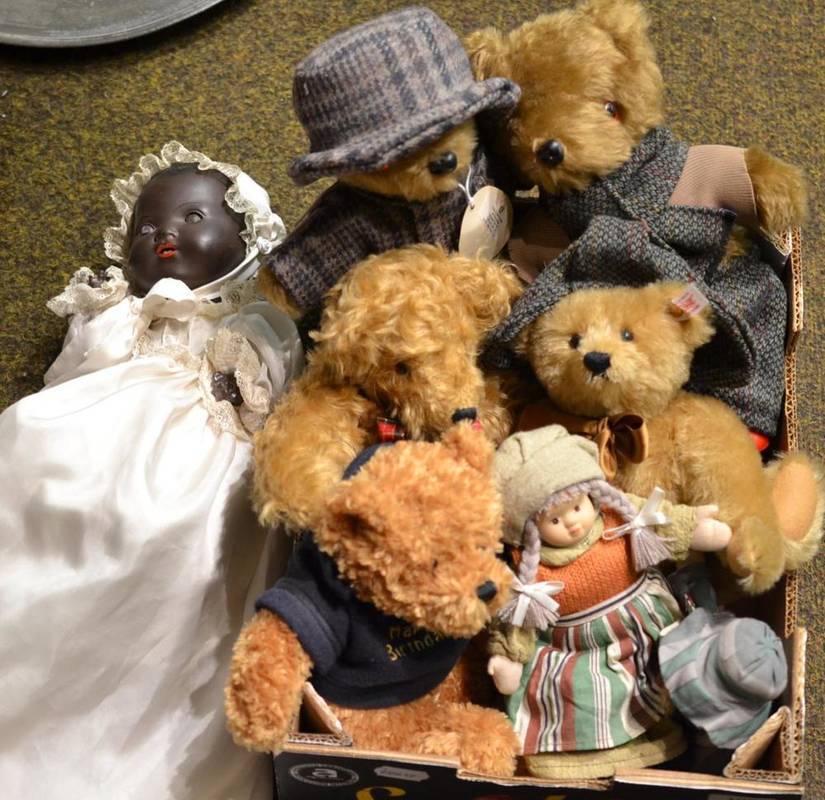 Lot 109 - Five teddy bears including one Steiff bear, golfing bear, two welly bears, one Hilda Rooke bear and