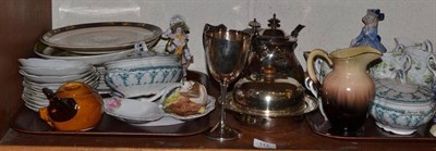 Lot 112 - A shelf including silver goblet, plated ware and ceramics