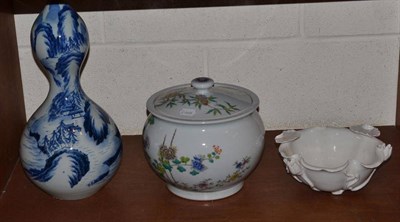 Lot 113 - Chinese blue and white vase, famille rose pot and cover and a white bowl