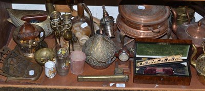 Lot 135 - A quantity of ornamental items including brass and copper kettles, glasses, cigar cases, walnut...