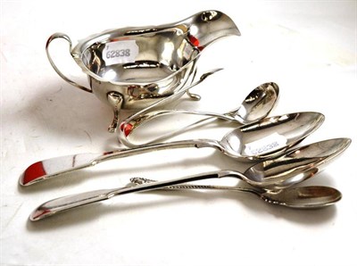 Lot 147 - Silver sauce boat and ladle and plated flatware