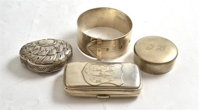 Lot 149 - A silver cigarette case, a white metal snuff box, another similar and a silver bangle