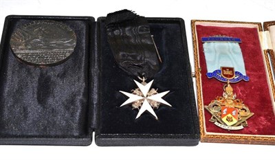 Lot 153 - A silver gilt and enamel Masonic Founders breast jewel, a St John breast jewel and a Lusitania...