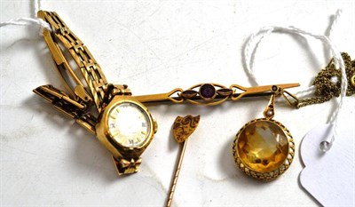 Lot 170 - A necklace, stick pin, brooch and lady's watch