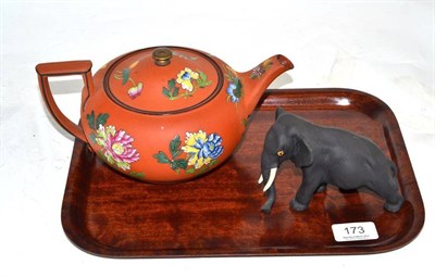 Lot 173 - Wedgwood famille rose redware teapot and a black basalt elephant