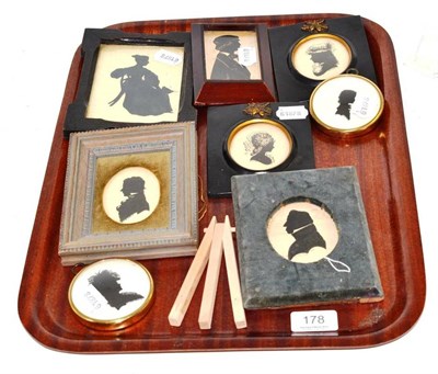 Lot 178 - Eight framed silhouettes and a ";Piano key"; miniature ";The Blue Boy"; after Gainsborough...