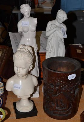 Lot 187 - Bisque figure of a Classical maiden, two resin figures/busts and a carved and stained brush pot