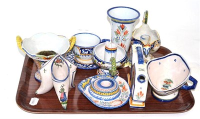 Lot 188 - Assorted Quimper pottery including chambersticks, vases etc