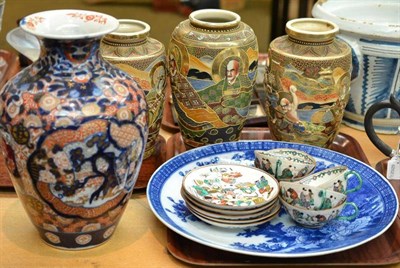 Lot 197 - Oriental ceramics including four vases, set of five plates and five cups