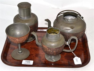 Lot 198 - A Chinese pewter and coconut tea set (4)