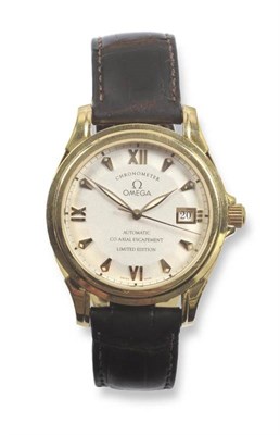 Lot 289 - An 18ct Gold Limited Edition Automatic Calendar Centre Seconds Wristwatch, signed Omega,...