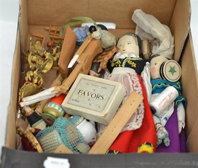 Lot 230 - Painted wooden dolls of various sizes, pin cushions, dolls furniture, Pelham Puppet Kit and...