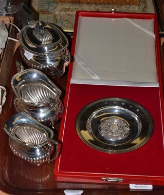 Lot 280 - A silver three piece bachelor's tea set and a silver Yorkshire rose dish