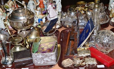 Lot 282 - Two trays including silver plate, silver purses, WMF vase, a pipe rack in the form of a gate, a cut