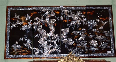 Lot 289 - A Japanese Shibayama style and lacquer work scene depicting cranes amongst blossoming trees, on...