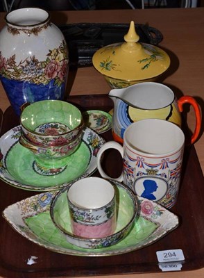 Lot 294 - A tray including an Art Deco Susie Cooper Gray's pottery jug, Maling, etc