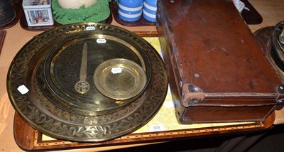 Lot 300 - A large Edwardian butterfly wing tray, a leather suitcase, Eastern brassware etc