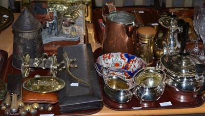 Lot 303 - Two trays including a Huntley & Palmers lighthouse biscuit tin, silver plated tea service, horn...