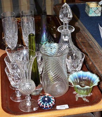 Lot 304 - Tray of glassware including two Vaseline vases, two iridescent vases, glasses etc