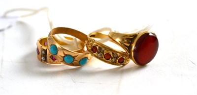 Lot 324 - A cornelian ring, a ruby and seed pearl ring, a turquoise ring, a coral ring (4)