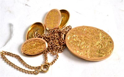 Lot 325 - A locket stamped ";9ct BACK & FRONT"; on chain and a pair of 9ct gold cufflinks