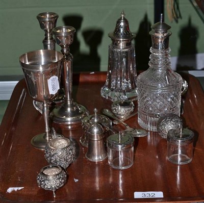 Lot 332 - A small collection of silver and silver plate including Indian cruet set, silver topped jars etc