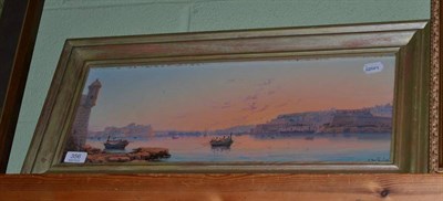 Lot 356 - L M Galea, The harbour at Malta with shipping vessels at sunset, signed, oil on board