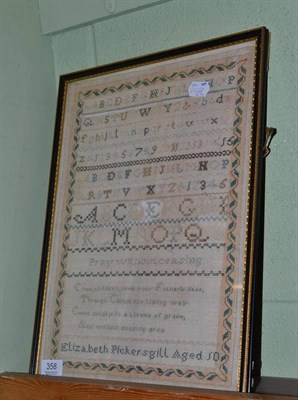 Lot 358 - A 19th century alphabet sampler by Elizabeth Pickersgill aged 10, with religious verse and within a