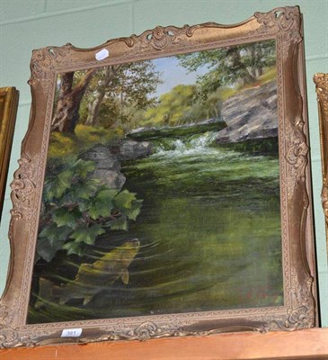 Lot 381 - A view of a river and fish, oil on canvas, signed