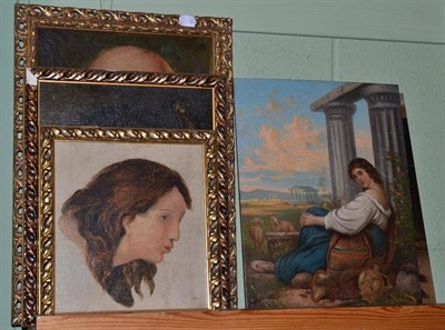 Lot 383 - Portrait of a young girl with pigeons and portrait of a young girl in a classical landscape,...