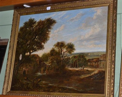 Lot 384 - British School (19th century) Landscape with a water mill and figures on a bank, oil on canvas