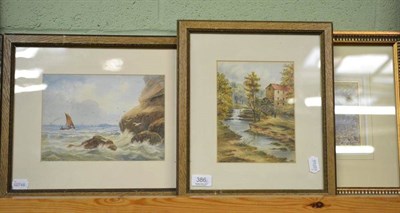 Lot 386 - EMG, 'Saltwick Nab & Rocks, Whitby' also 'The Piers and Rocks, Whitby' watercolours and another...