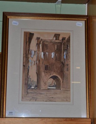 Lot 388 - J Barrie Haste (1931-2011) A Venetian courtyard, signed watercolour together with a print of horses