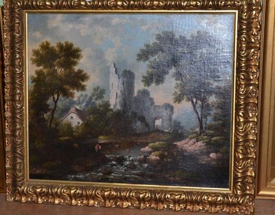 Lot 390 - (19th century), Landscape with a figure fishing in front of castle ruins, oil on board