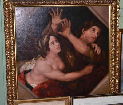 Lot 392 - Renaissance Style, two classical women grasping each other, oil on canvas, in a gilt gesso frame