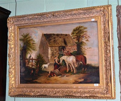 Lot 400 - British School, Figures feeding horses beside a barn, oil on canvas