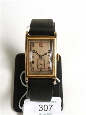 Lot 307 - A 9ct Gold Rectangular Wristwatch, signed Longines, 1935, lever movement numbered 5297118, silvered